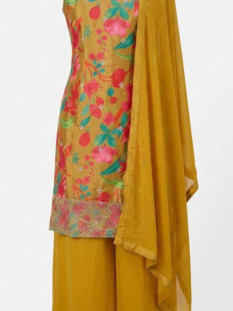 Embroidered Floral Silk Kurta & Palazzo Set with Dupatta