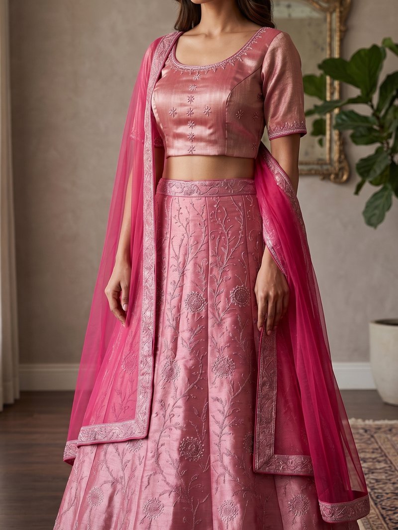 Elegant Rose Pink Silk Lehenga Choli with Intricate Floral Vine Embroidery