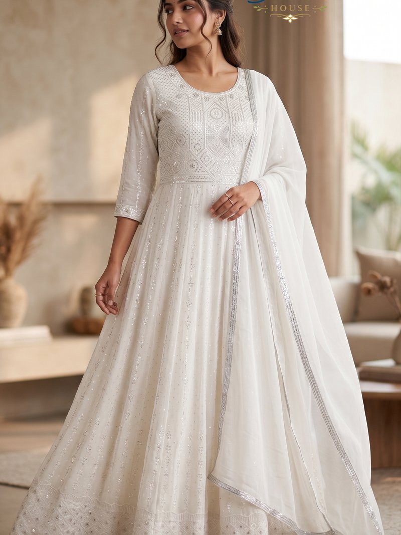 Ivory Elegance Embroidered Anarkali Suit Set with Dupatta