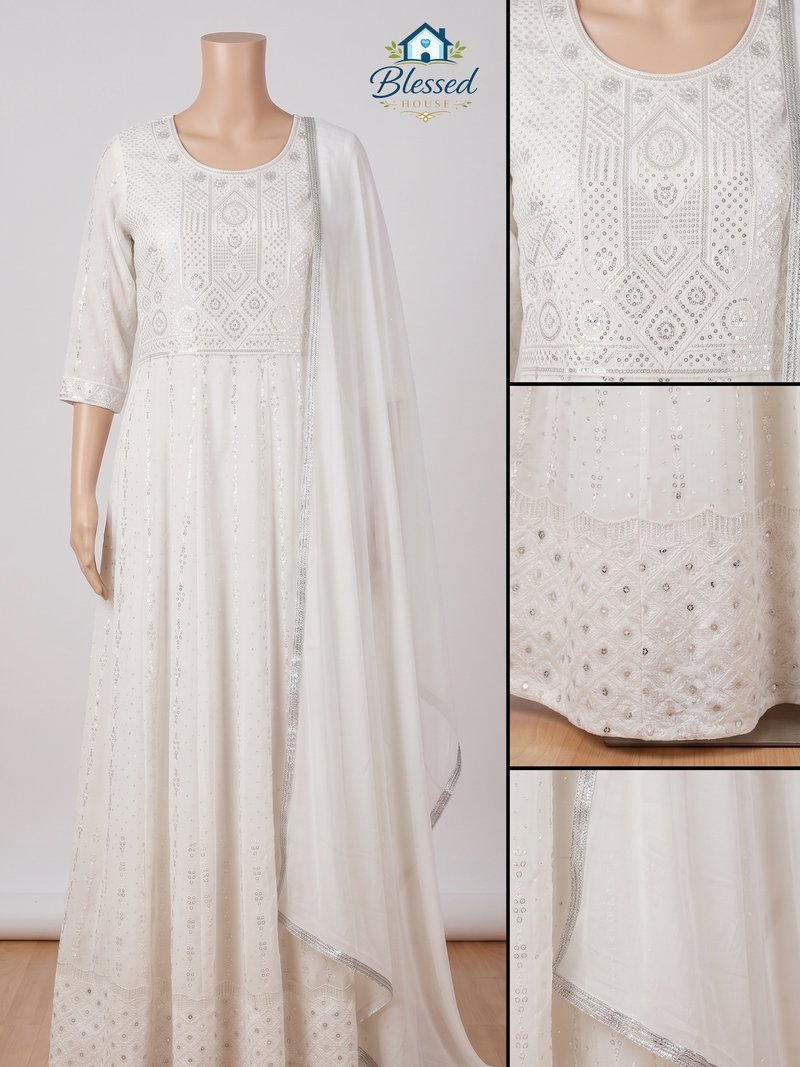 Ivory Elegance Embroidered Anarkali Suit Set with Dupatta